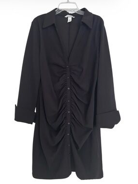 Draped Shirt Dress Roughed V Neck Black Size XL